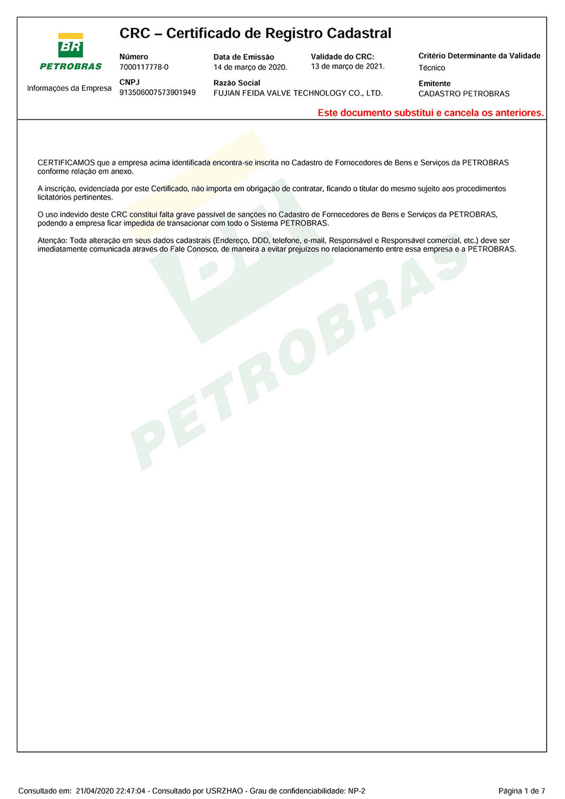 PETROBRAS CRC CERTIFICATE UPDATED